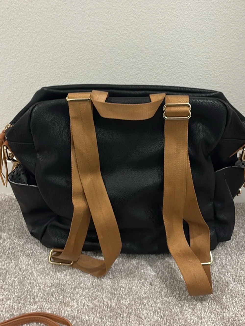 Diaper Backpack Tote in Black with Brown Trim